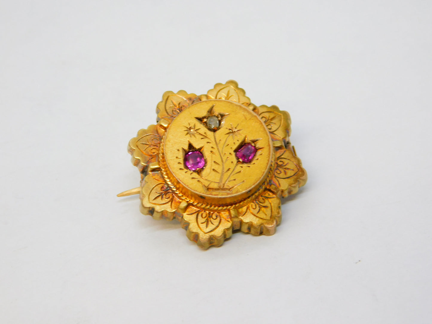 Victorian 9ct Gold, Diamond, Ruby Floral Locket Brooch Pin Antique c1880