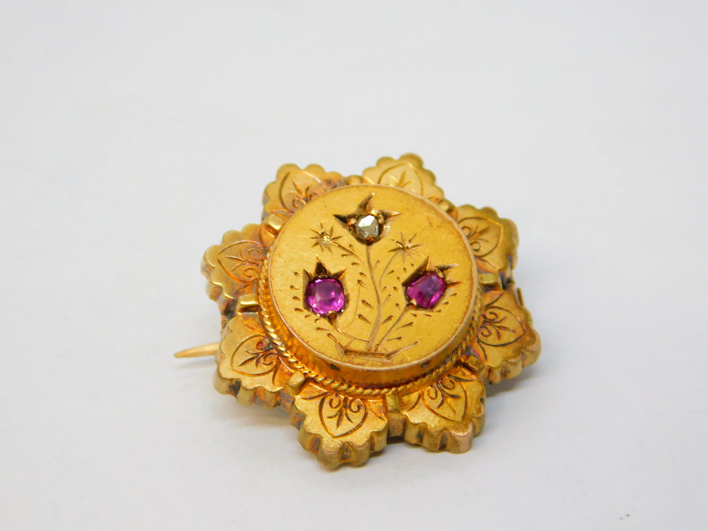 Victorian 9ct Gold, Diamond, Ruby Floral Locket Brooch Pin Antique c1880