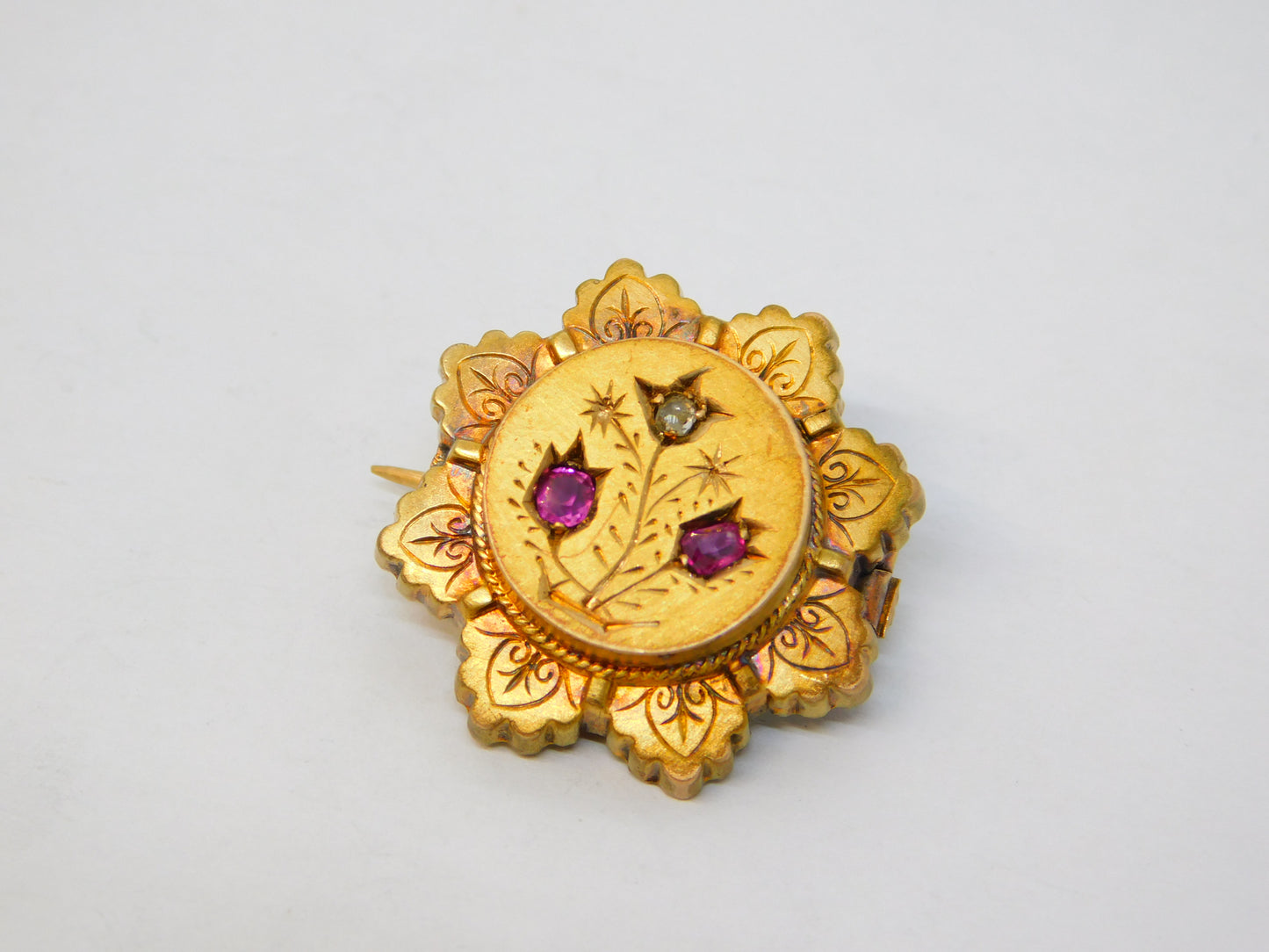 Victorian 9ct Gold, Diamond, Ruby Floral Locket Brooch Pin Antique c1880