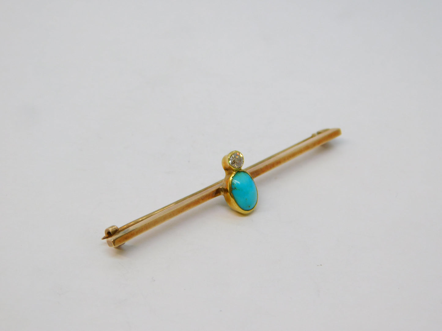 Edwardian 9ct Gold, Cabochon Turquoise, 0.1ct Diamond Brooch Antique c1910