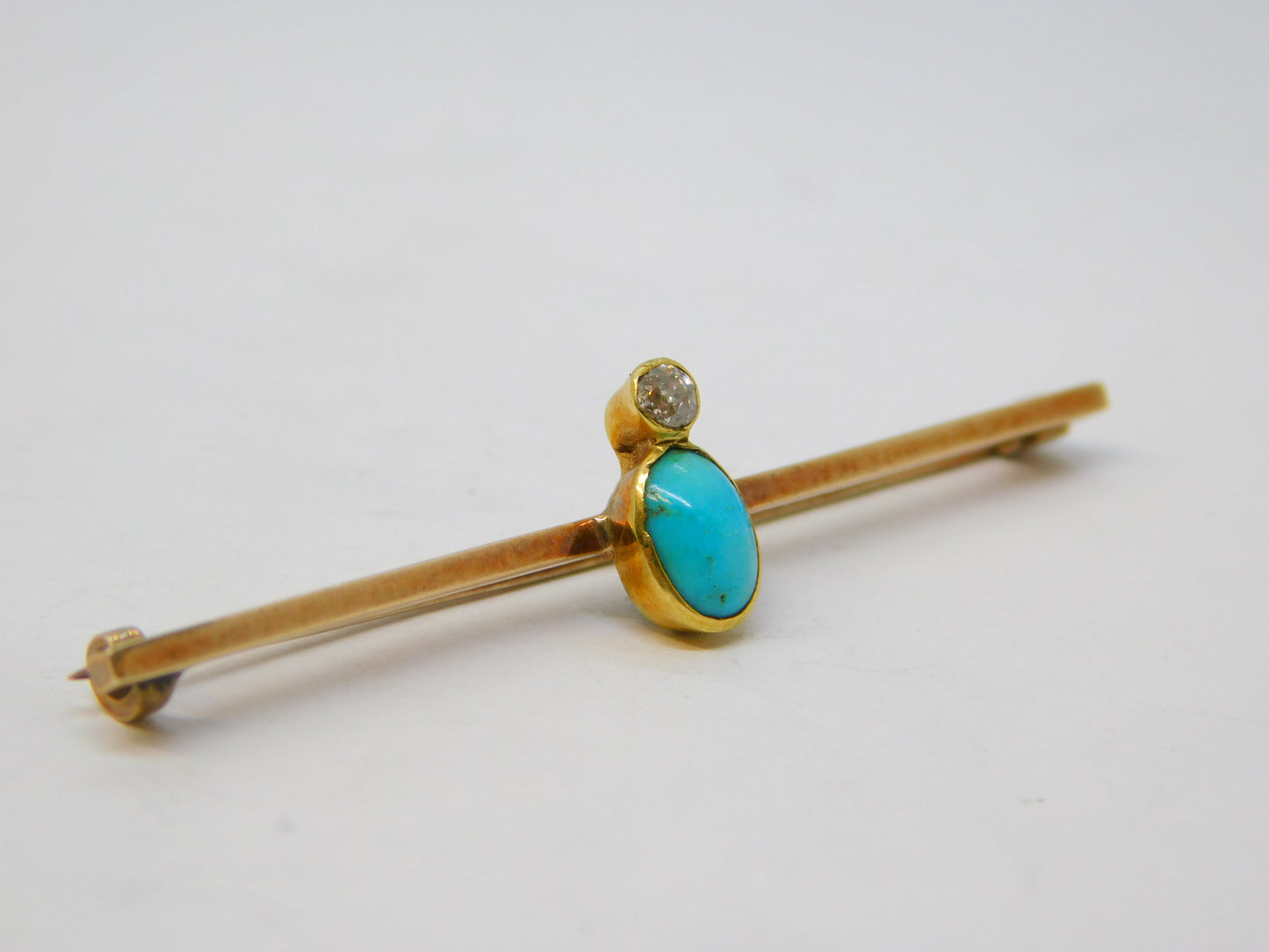 Edwardian 9ct Gold, Cabochon Turquoise, 0.1ct Diamond Brooch Antique c1910