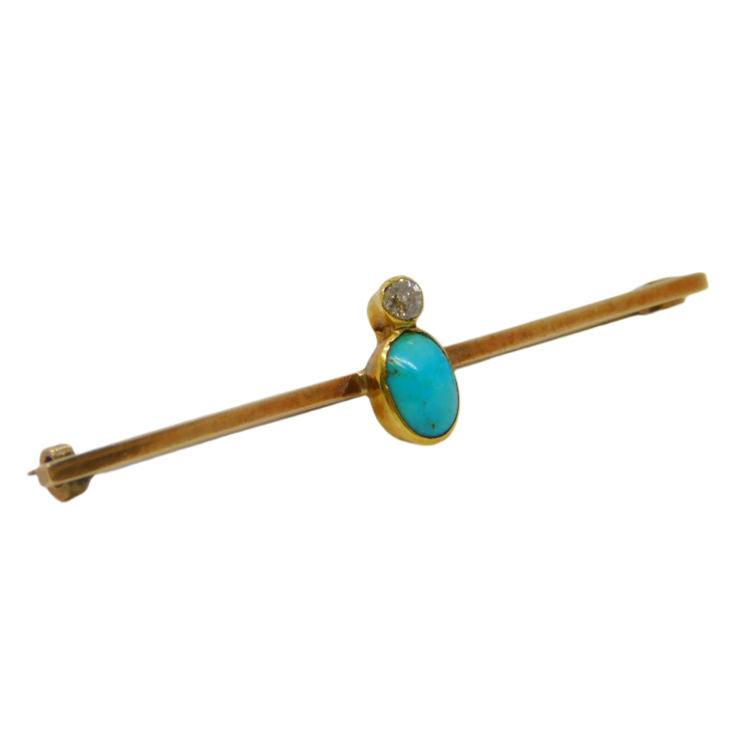 Edwardian 9ct Gold, Cabochon Turquoise, 0.1ct Diamond Brooch Antique c1910