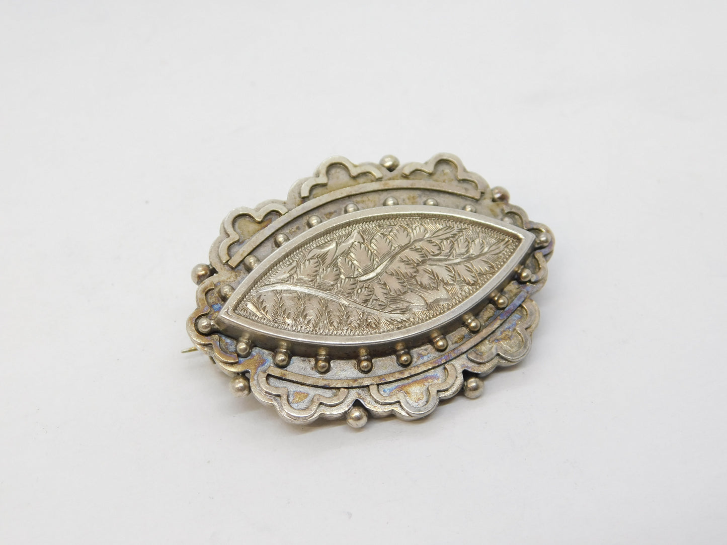 Victorian Sterling Silver Fern Pattern Mourning Brooch Antique 1885 Birmingham