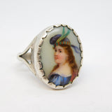 Victorian Sterling Silver Mary Queen of Scots Porcelain Dress Ring Antique c1860