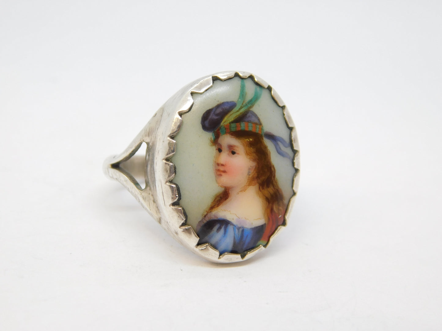 Victorian Sterling Silver Mary Queen of Scots Porcelain Dress Ring Antique c1860