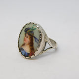 Victorian Sterling Silver Mary Queen of Scots Porcelain Dress Ring Antique c1860