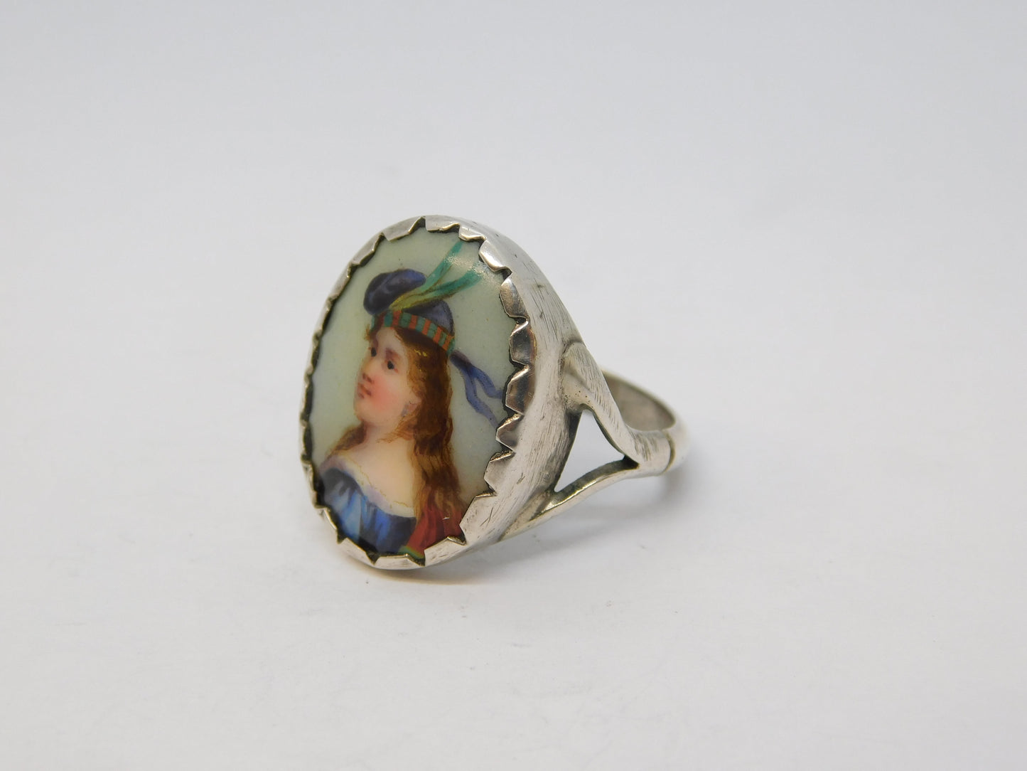 Victorian Sterling Silver Mary Queen of Scots Porcelain Dress Ring Antique c1860
