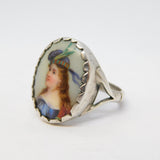 Victorian Sterling Silver Mary Queen of Scots Porcelain Dress Ring Antique c1860