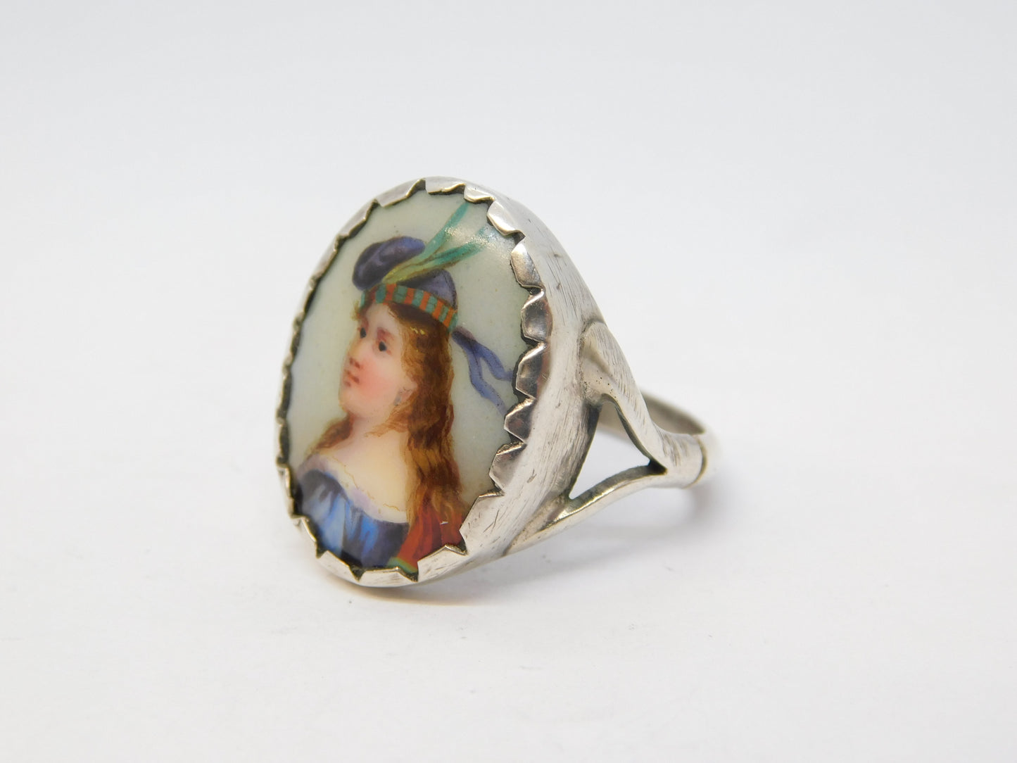 Victorian Sterling Silver Mary Queen of Scots Porcelain Dress Ring Antique c1860
