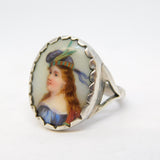 Victorian Sterling Silver Mary Queen of Scots Porcelain Dress Ring Antique c1860