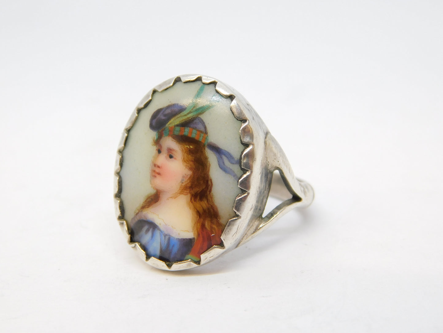 Victorian Sterling Silver Mary Queen of Scots Porcelain Dress Ring Antique c1860