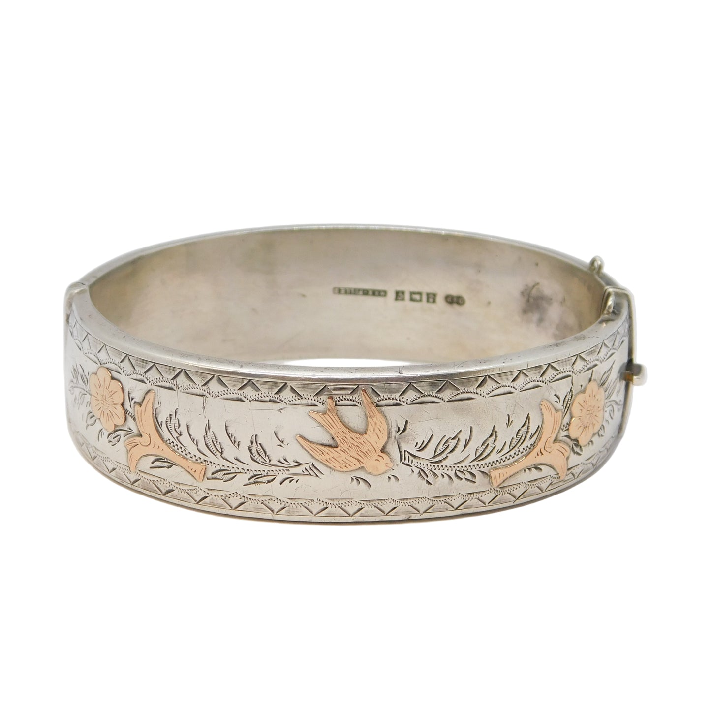 Sterling Silver Gold Fronted Swallow Bird & Flower Cuff Bangle Vintage 1981 Birmingham