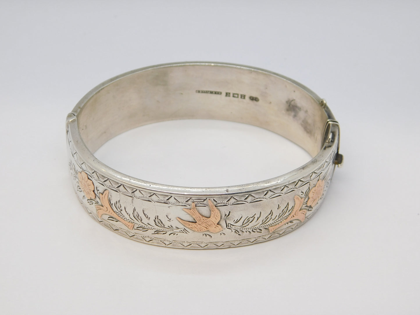 Sterling Silver Gold Fronted Swallow Bird & Flower Cuff Bangle Vintage 1981 Birmingham
