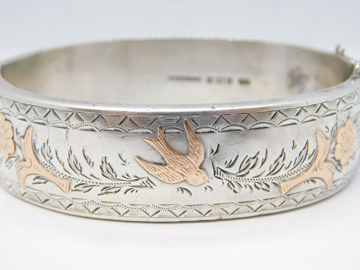 Sterling Silver Gold Fronted Swallow Bird & Flower Cuff Bangle Vintage 1981 Birmingham