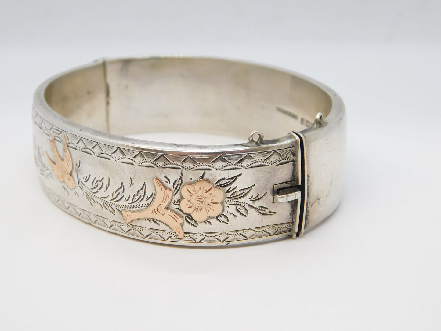 Sterling Silver Gold Fronted Swallow Bird & Flower Cuff Bangle Vintage 1981 Birmingham