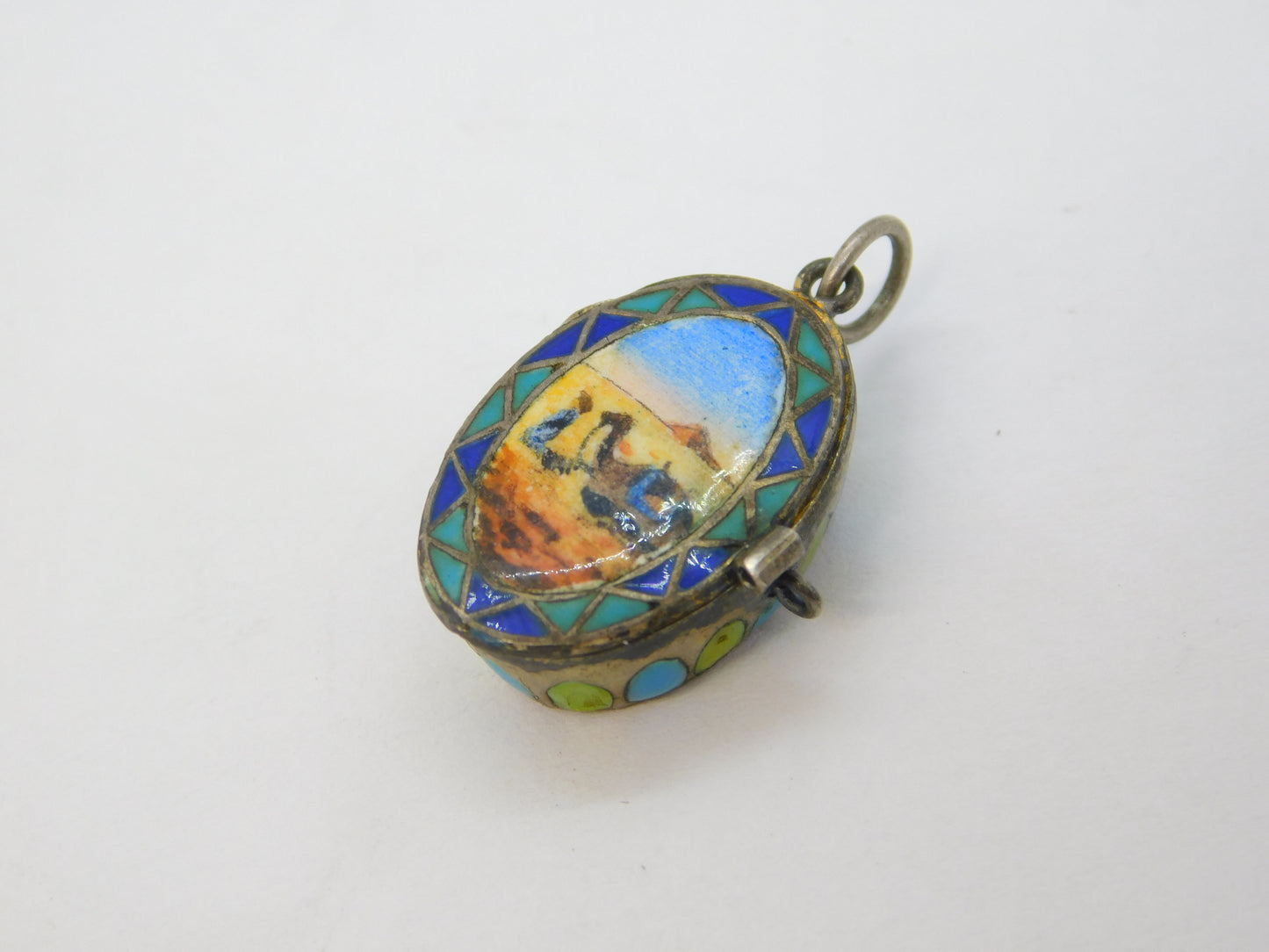 Egyptian .800 Silver Enamel Moses Basket Charm Pendant Antique c1930 Deco