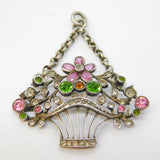 Victorian Sterling Silver, Multi-Gem Set Flower Basket Drop Pendant Antique c1880
