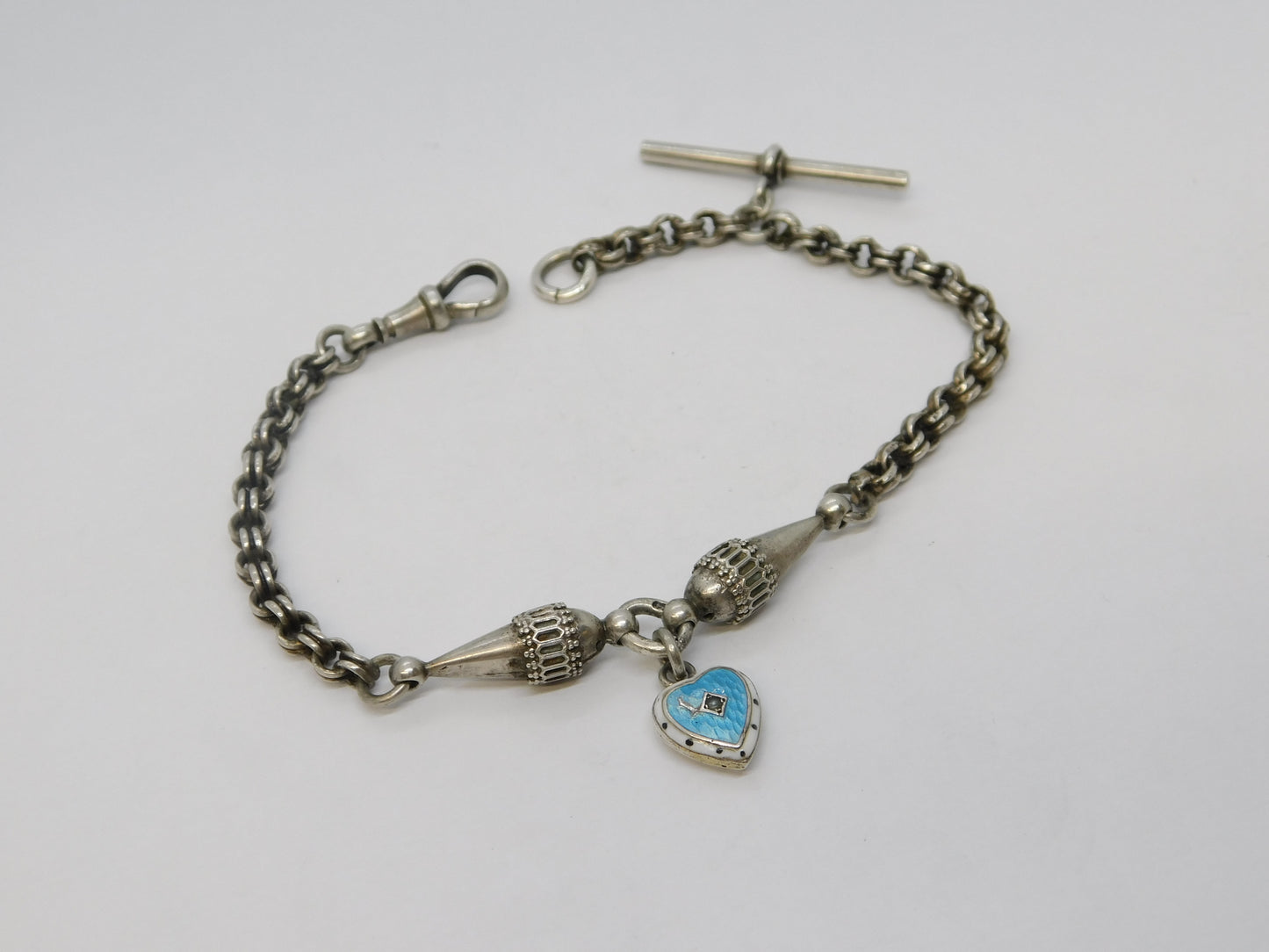 Victorian Sterling Silver Albertina Enamel Heart Link Bracelet Antique c1860