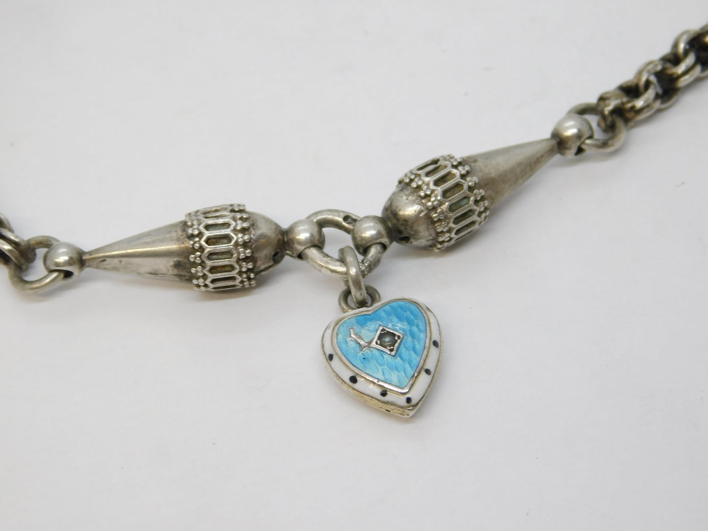 Victorian Sterling Silver Albertina Enamel Heart Link Bracelet Antique c1860