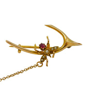 Edwardian 15ct Yellow Gold, Ruby & Seed Pearl Insect Wishbone Brooch Antique c1910