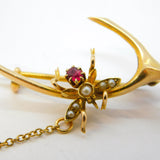 Edwardian 15ct Yellow Gold, Ruby & Seed Pearl Insect Wishbone Brooch Antique c1910