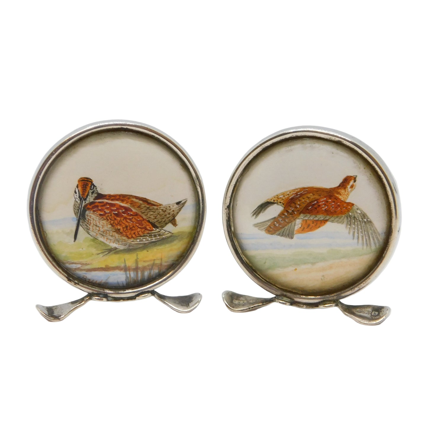 Edwardian Pair of Sterling Silver Grouse & Snipe Watercolour Place Settings Antique 1909 Chester