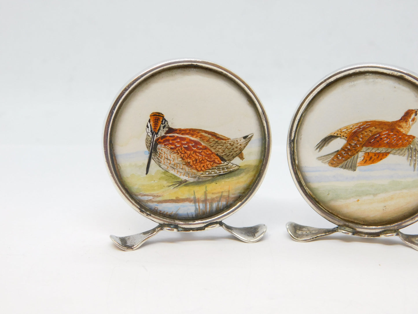 Edwardian Pair of Sterling Silver Grouse & Snipe Watercolour Place Settings Antique 1909 Chester