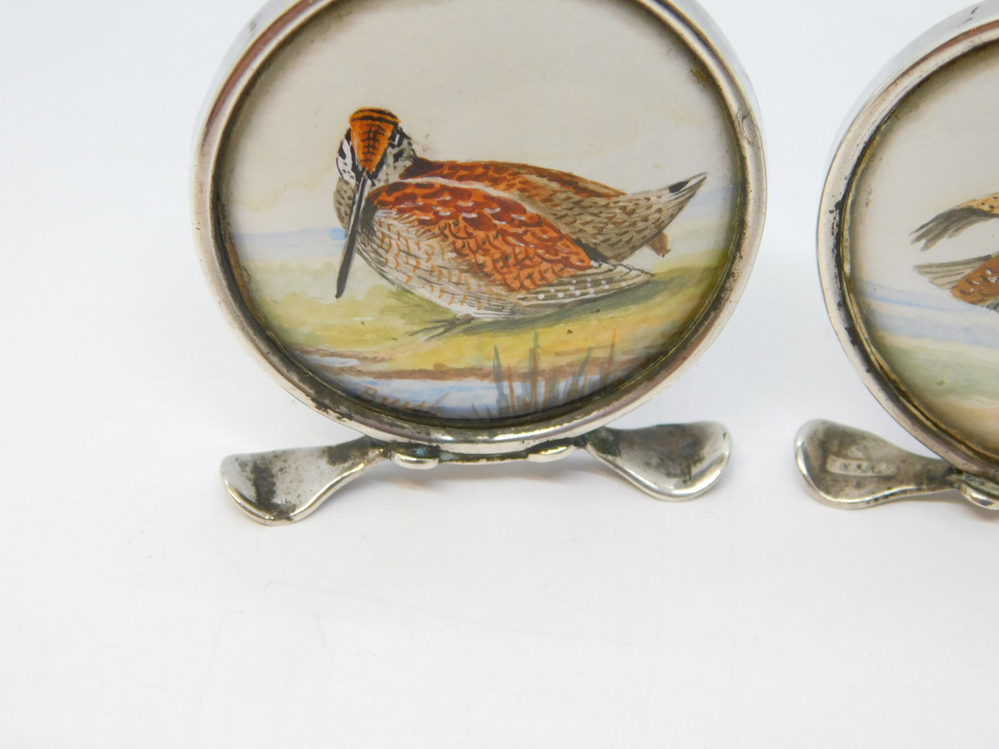 Edwardian Pair of Sterling Silver Grouse & Snipe Watercolour Place Settings Antique 1909 Chester