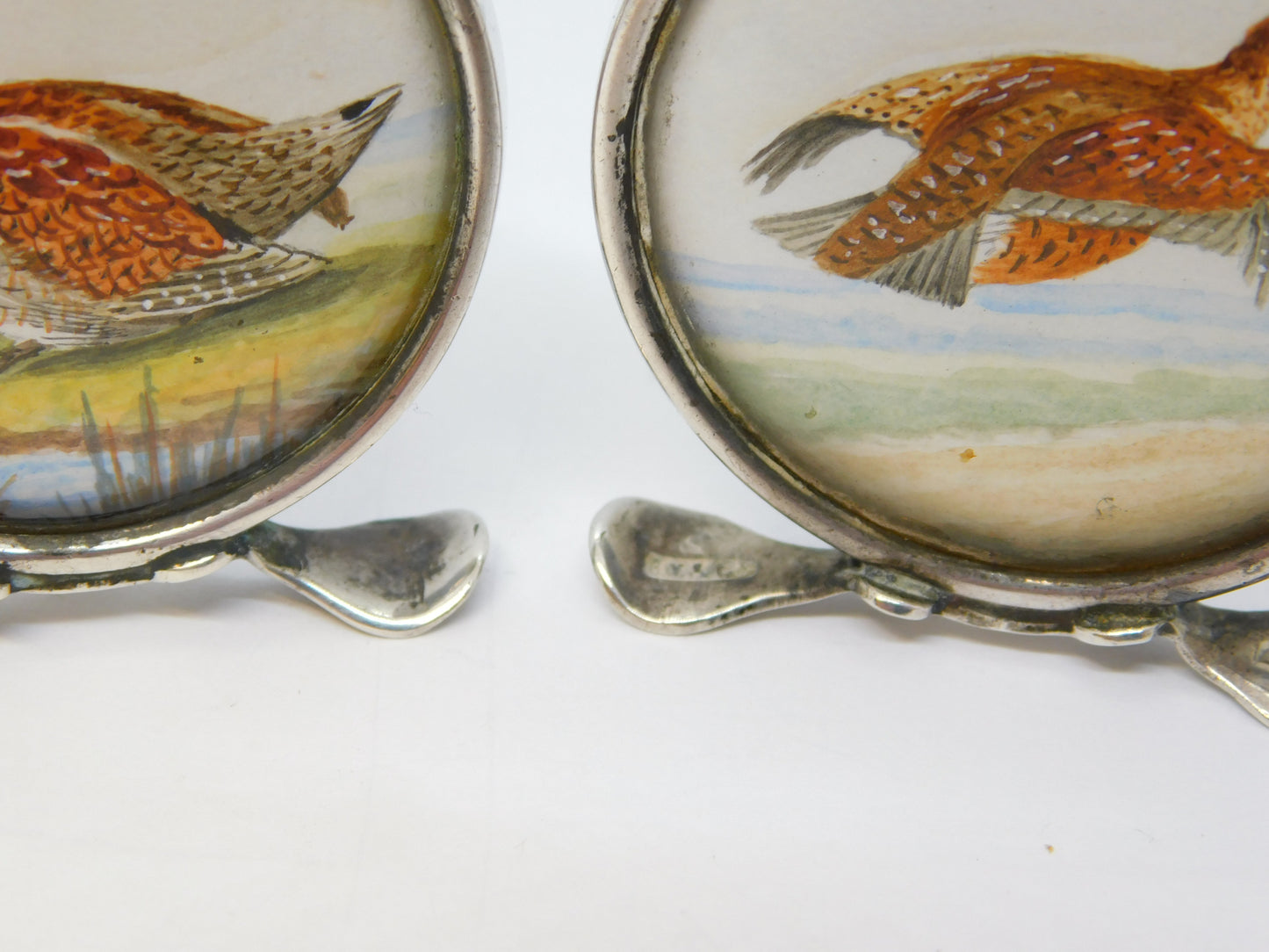 Edwardian Pair of Sterling Silver Grouse & Snipe Watercolour Place Settings Antique 1909 Chester