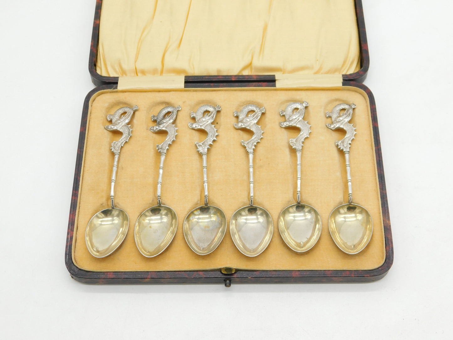 Boxed Set of Chinese Sterling Silver Dragon Form Teaspoons Antique c1910