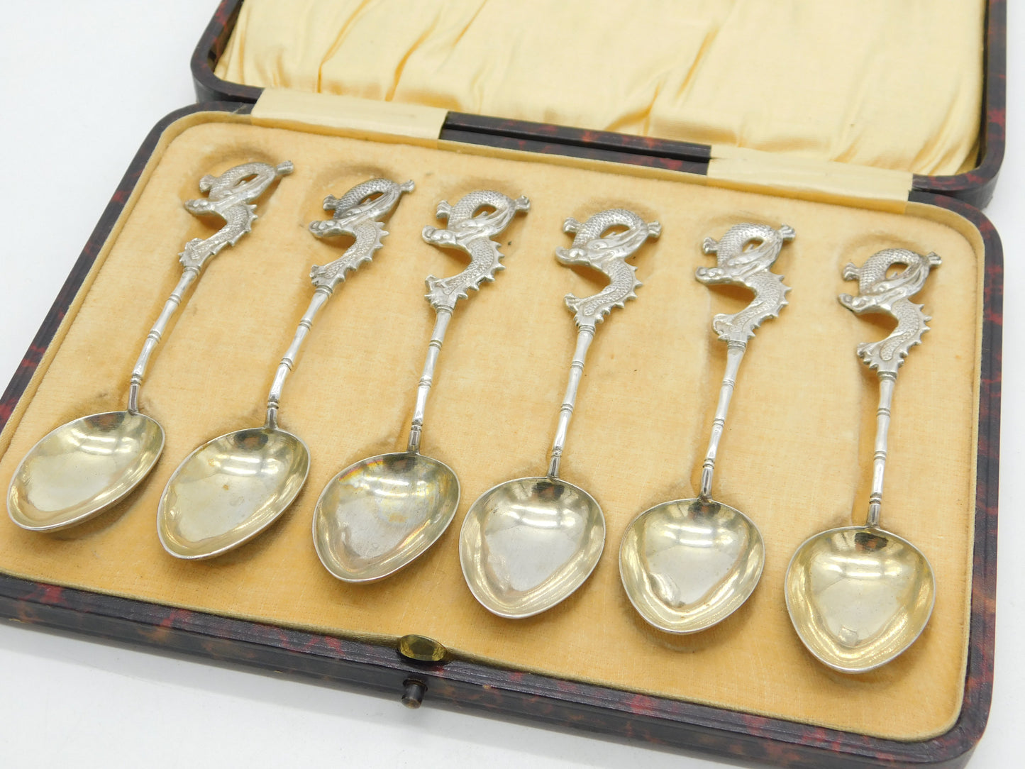 Boxed Set of Chinese Sterling Silver Dragon Form Teaspoons Antique c1910
