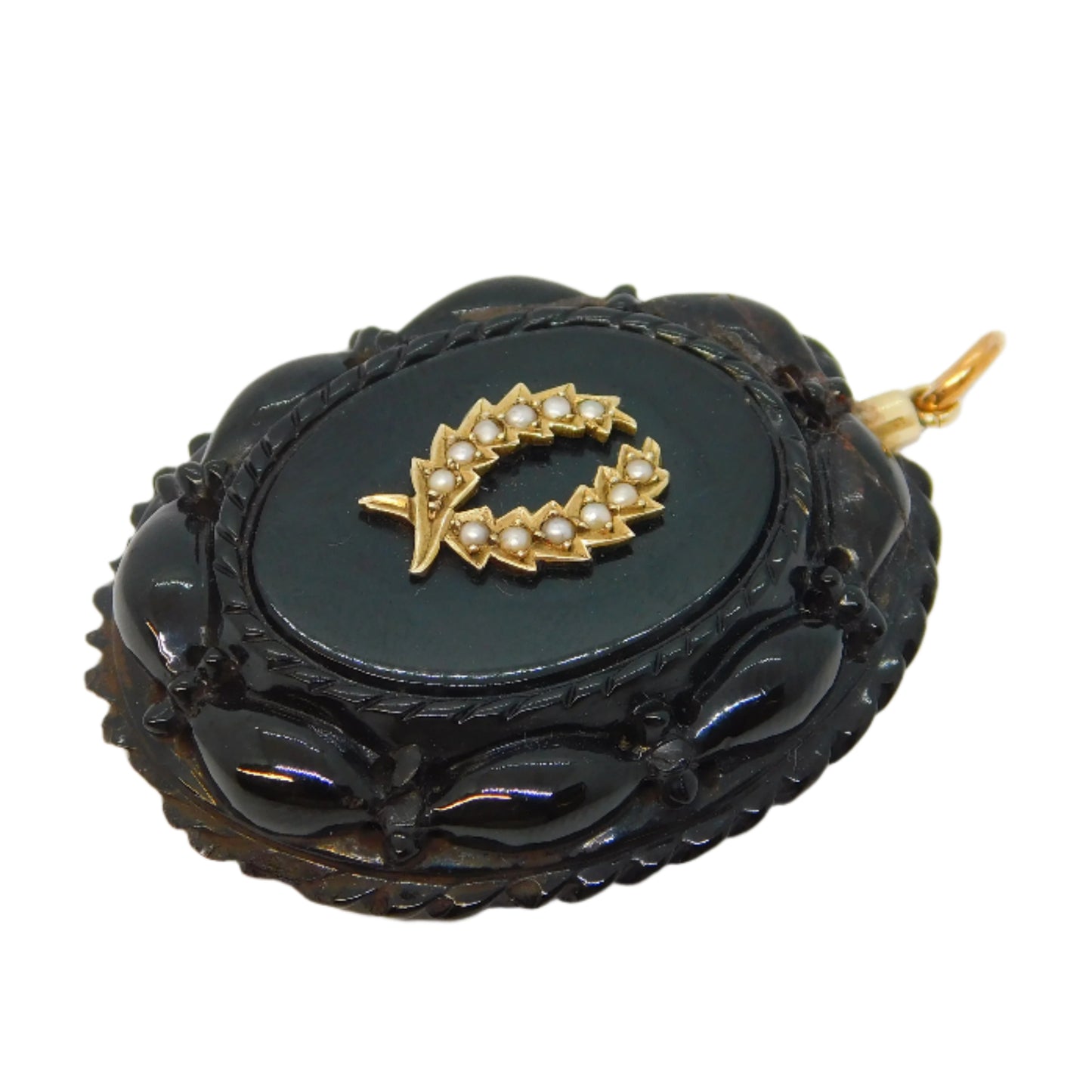 Victorian 9ct Gold Carved Whitby Jet Mourning Locket Pendant Antique c1860