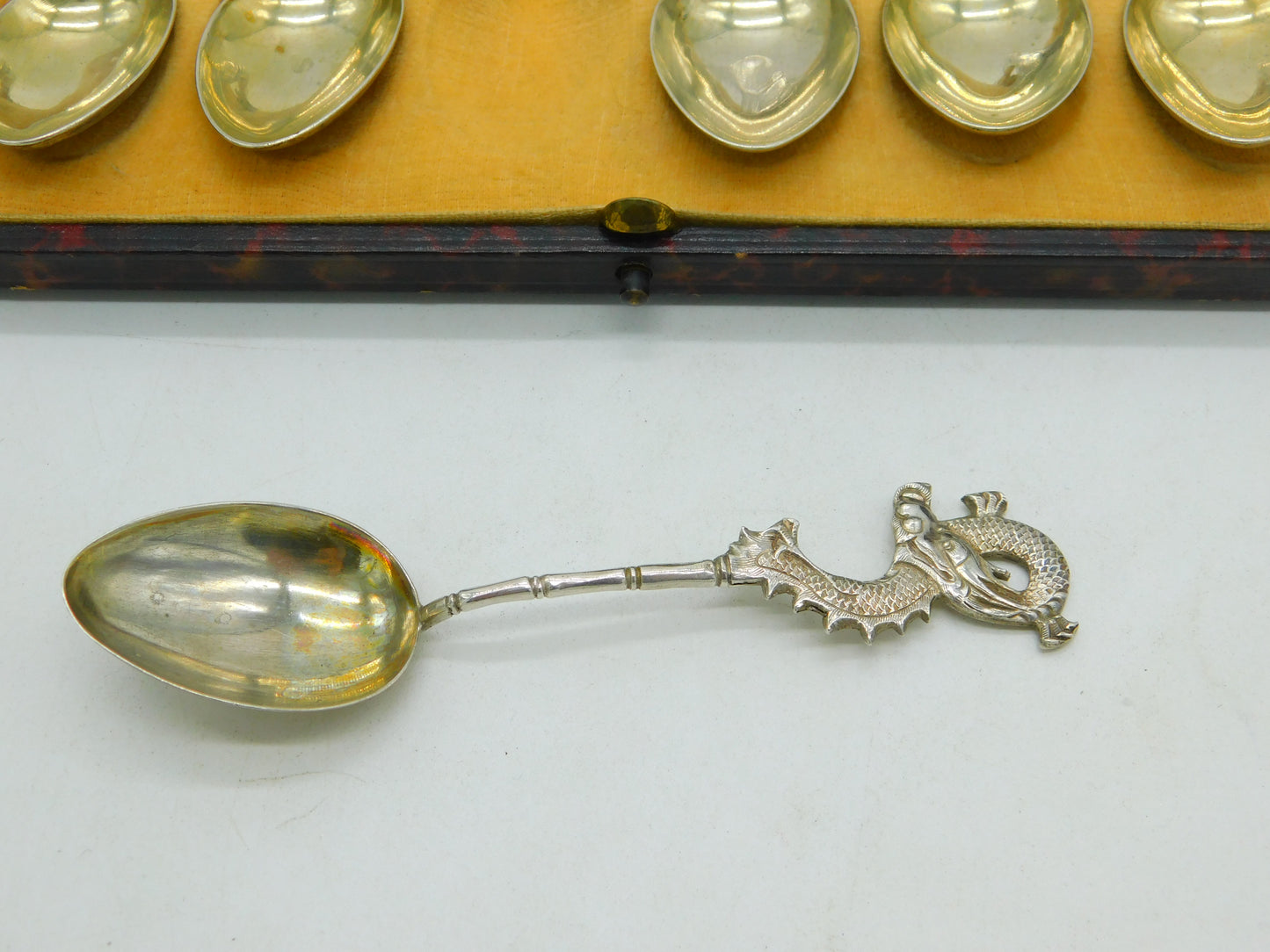Boxed Set of Chinese Sterling Silver Dragon Form Teaspoons Antique c1910