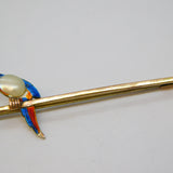 Edwardian 9ct Gold, Enamel & Blistered Pearl Parrot Bar Brooch Antique c1910