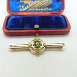 Edwardian 9ct Yellow Gold Peridot & Seed Pearl Sweetheart Brooch Antique c1910