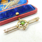 Edwardian 9ct Yellow Gold Peridot & Seed Pearl Sweetheart Brooch Antique c1910