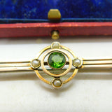 Edwardian 9ct Yellow Gold Peridot & Seed Pearl Sweetheart Brooch Antique c1910