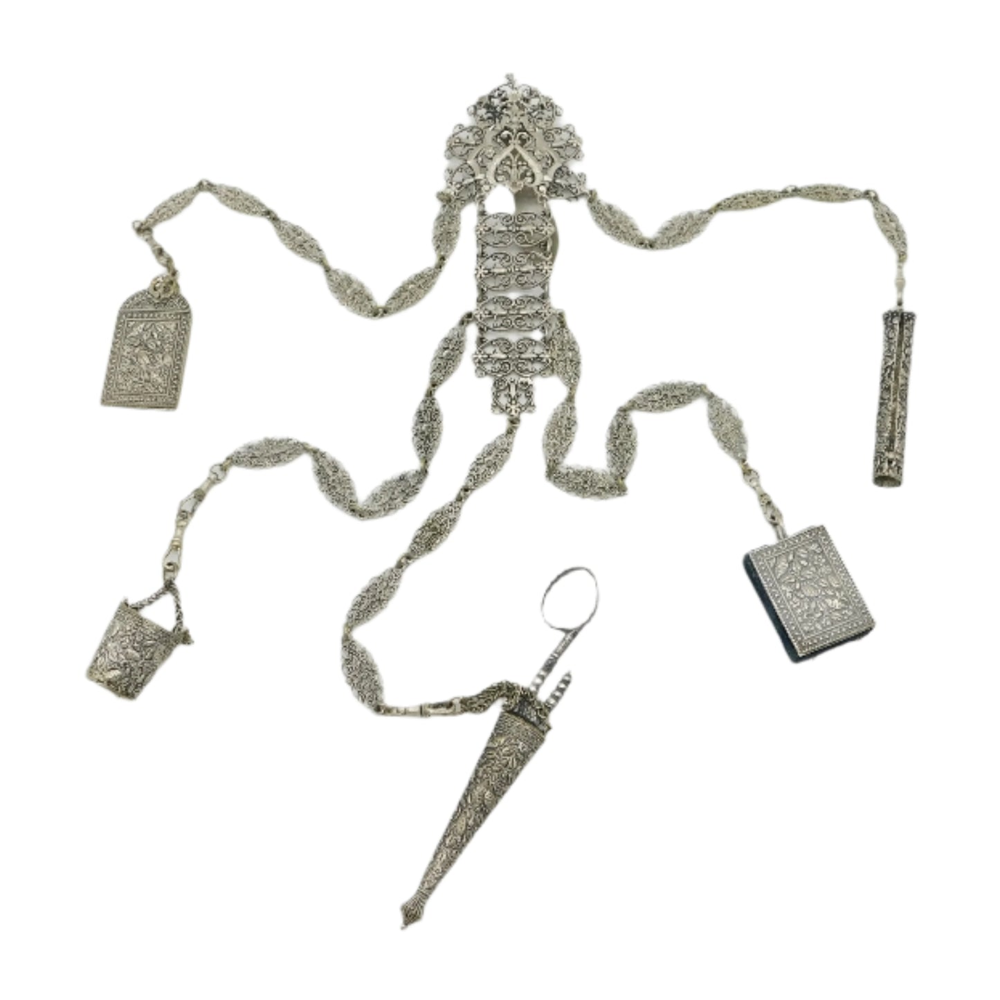 19th Century French Silver Plated Multi-Tool Sewing Chatelaine Antique c1860