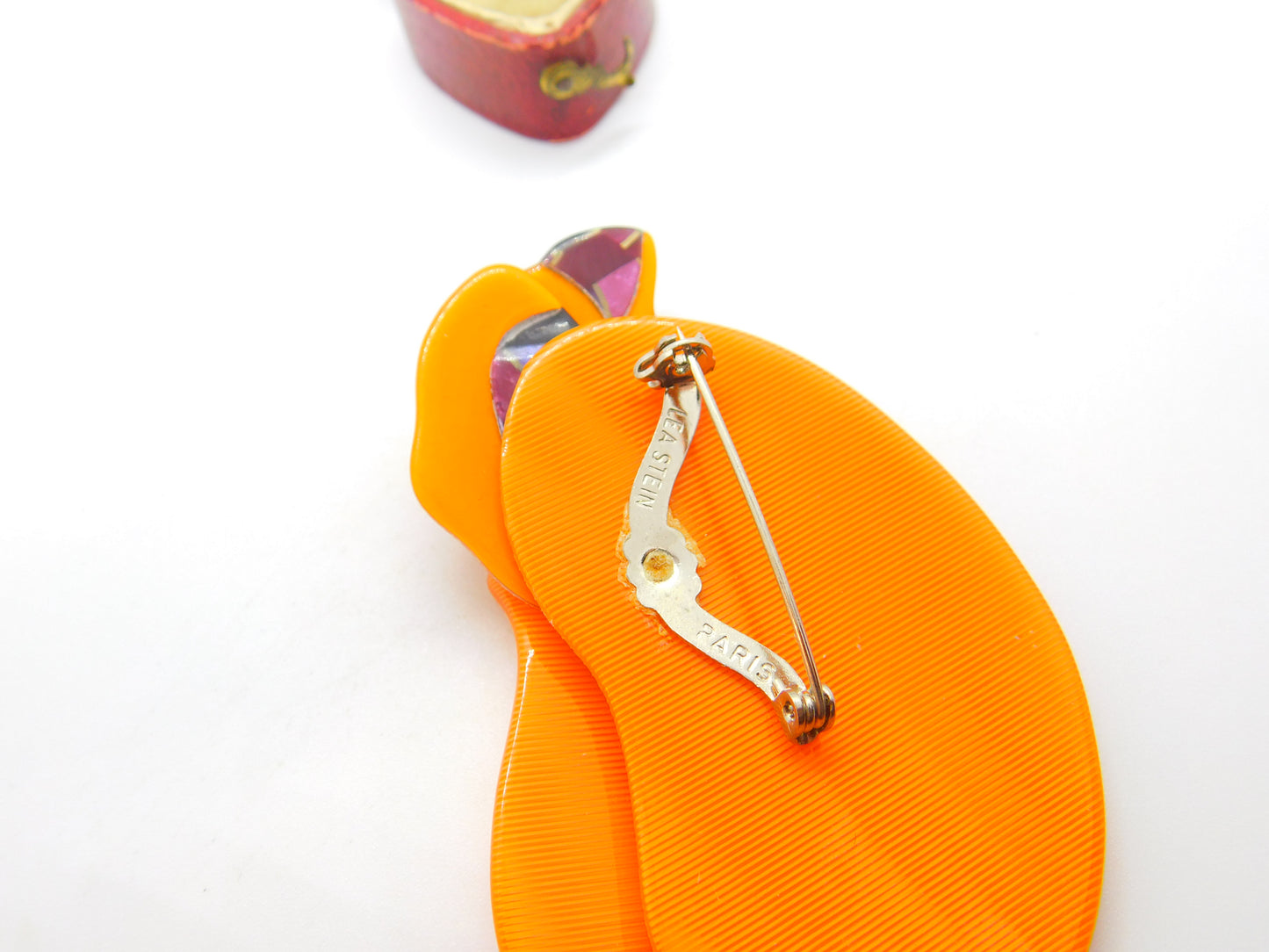Lea Stein Paris Marked Bright Orange Cat Brooch Pin Vintage c1960