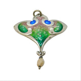 Art Nouveau Sterling Silver, Enamel & Pearl Lavalier Drop Pendant Antique 1910 Birmingham