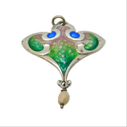 Art Nouveau Sterling Silver, Enamel & Pearl Lavalier Drop Pendant Antique 1910 Birmingham