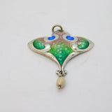 Art Nouveau Sterling Silver, Enamel & Pearl Lavalier Drop Pendant Antique 1910 Birmingham