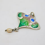 Art Nouveau Sterling Silver, Enamel & Pearl Lavalier Drop Pendant Antique 1910 Birmingham