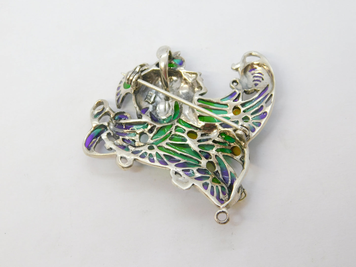 Sterling Silver, Plique-à-jour Enamel, Opal Art Nouveau Style Brooch Vintage