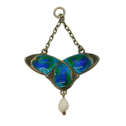 Art Nouveau Sterling Silver, Enamel & Pearl Lavalier Drop Pendant Antique 1909 Birmingham