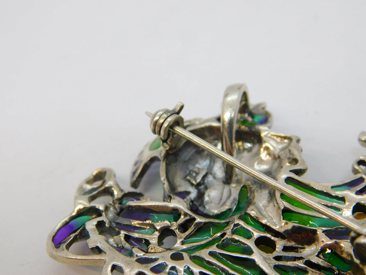 Sterling Silver, Plique-à-jour Enamel, Opal Art Nouveau Style Brooch Vintage