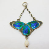Art Nouveau Sterling Silver, Enamel & Pearl Lavalier Drop Pendant Antique 1909 Birmingham