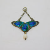 Art Nouveau Sterling Silver, Enamel & Pearl Lavalier Drop Pendant Antique 1909 Birmingham