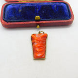 Sterling Silver Set Carved Red Coral Laughing Face Pendant Antique c1920 Deco