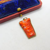 Sterling Silver Set Carved Red Coral Laughing Face Pendant Antique c1920 Deco